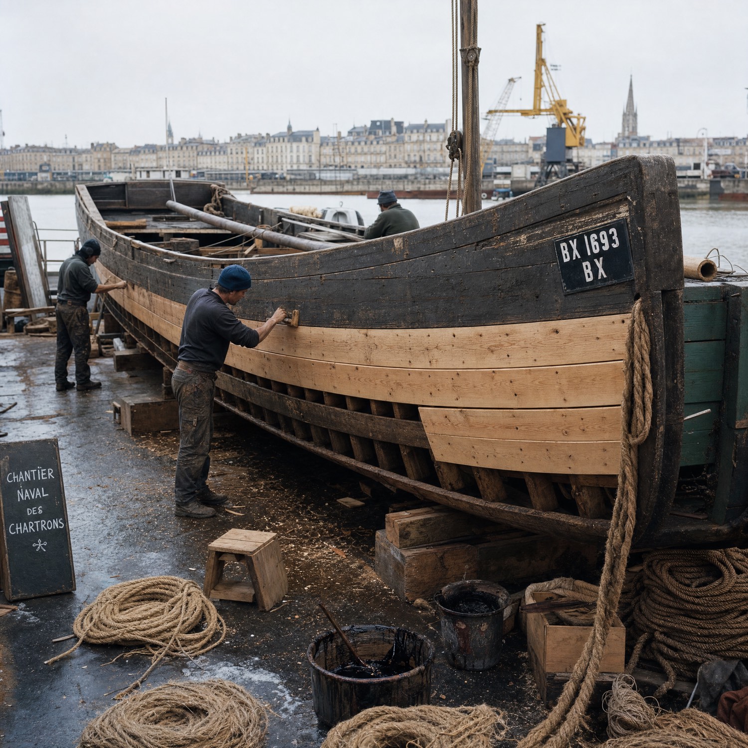 Guide bénévole montrant les anneaux d'amarrage sur le quai de Libourne